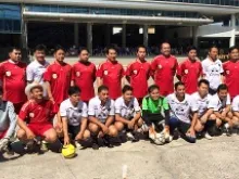 The Nakhon Ratchasima diocese's clergy futsal team, with Bishop Sirisut standing fifth from left. 