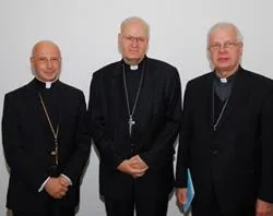 Cardinals Angelo Bagnasco and Peter Erdo join Archbishop Jozef Michalik (l to r) for a photo at the Council of European Bishops' Conferences Plenary Assembly being held in Tirana, Albania?w=200&h=150