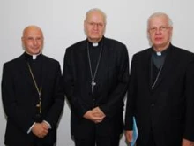 Cardinals Angelo Bagnasco and Peter Erdo join Archbishop Jozef Michalik (l to r) for a photo at the Council of European Bishops' Conferences Plenary Assembly being held in Tirana, Albania