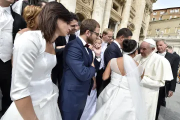 Newly married couples meet Pope Francis in St Peters Square during the general audience on Sept 9 2015 Credit  LOsservatore Romano CNA 9 9 15