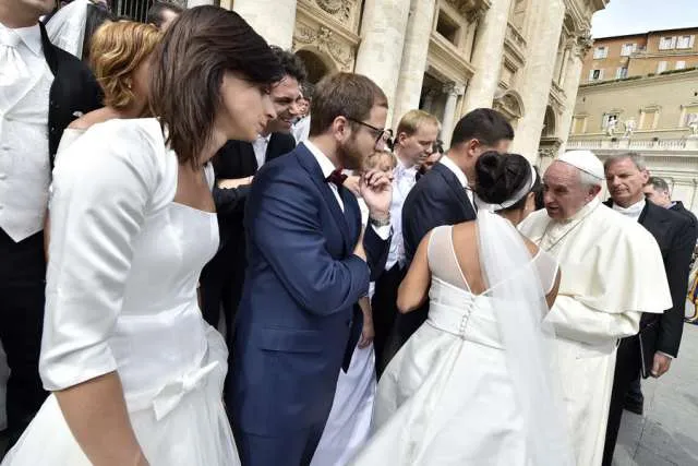 Newly married couples meet Pope Francis in St. Peter's Square on Sept. 9, 2015. ?w=200&h=150