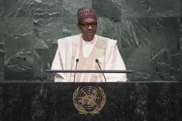 Nigerian President Muhammadu Buhari addresses the UN General Assembly Sept 28 2015 Credit UN Photo Amanda Voisard CNA