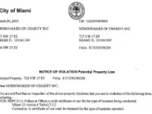 Notice of Violation from the city of Miami to the Missionaries of Charity in Miami.