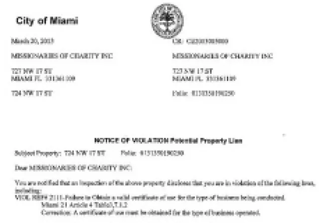 Notice of Violation from the city of Miami to the Missionaries of Charity in Miami CNA US Catholic News 4 4 13