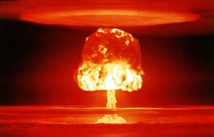 Nuclear bomb explosion near the Bikini atoll, March 26, 1954. Photo courtesy of National Nuclear Security Administration/Nevada Site Office.