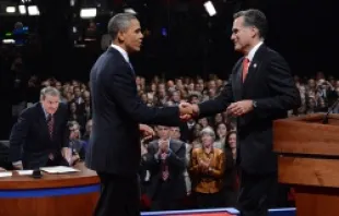 President Obama and Gov. Mitt Romney shake hands after the Presidential Debate at the University of Denver on October 3, 2012.   Michael Reynolds-Pool/Getty Images News/Getty Images