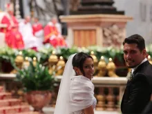 One of the 20 couples who were married by Pope Francis on Sept. 14, 2014 pose for a picture during the ceremony. 