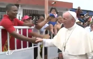 Pope Francis greets faithful after hitting his face on his popemobile in Cartagena, Colombia Sept. 10, 2017.   Screenshot/CTV.