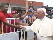 Pope Francis greets faithful after hitting his face on his popemobile in Cartagena, Colombia Sept. 10, 2017. 