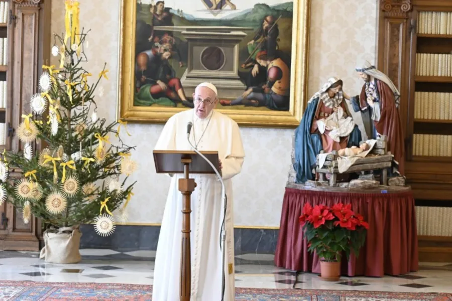Pope Francis delivers his Angelus address in the library of the Apostolic Palace Dec. 27, 2020. Credit: Vatican Media.?w=200&h=150