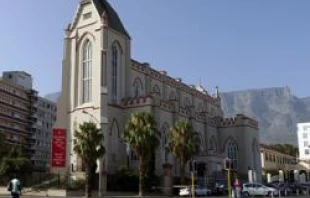 A banner that reads "THE TRUTH WILL SET YOU FREE (Jn. 8:32), Say NO to the SECRECY BILL" hangs on the front of Cape Town's Cathedral on Jan. 19, 2012. Photo courtesy of Cape Town archdiocese