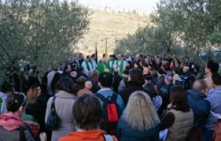 Palestinian Christians attend Mass in the Cremisan Valley February 8, 2013 to protest the route of Israel's barrier.   Labour2Palestine via Flickr (CC BY 2.0).