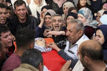 Palestinians mourn the death of Mohammed Hamayel 15 during his funeral in Beita in the West Bank March 11 2020 after he was shot dead by Israeli forces Credit Jaafar Ashtiyeh AFP via Get