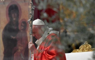 Pope Francis prays during Palm Sunday Mass April 5, 2020.   Vatican Media/CNA.