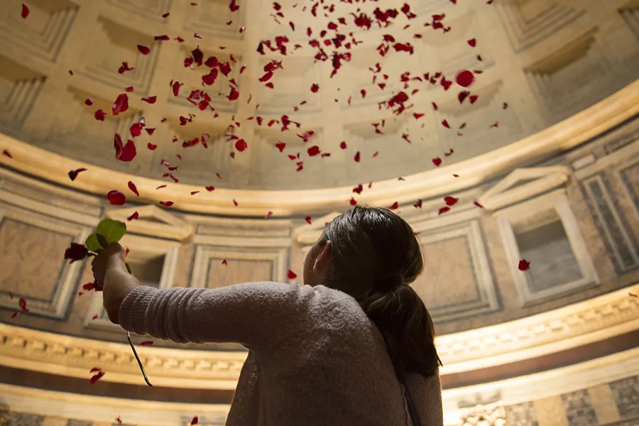 Rose petals shower from the ceiling of the Pantheon, a Pentecost tradition in Rome symbolizing the descent of the Holy Spirit. ?w=200&h=150