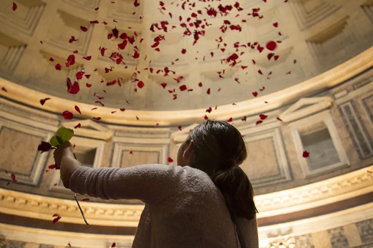Rose Petals Shower From The Ceiling Of Pantheon A Pentecost Tradition In Rome Symbolizing