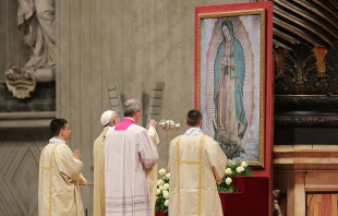 Pope Francis venerates an image of Our Lady of Guadalupe during a Mass in St. Peter's Basilica, Dec. 12, 2015.   Daniel Ibanez/CNA.