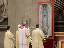 Pope Francis venerates an image of Our Lady of Guadalupe during a Mass in St. Peter's Basilica, Dec. 12, 2015. 