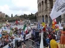 Participants in the 2013 March for Life Italy prepare to begin their march at the Coliseum on May 12, 2013. 