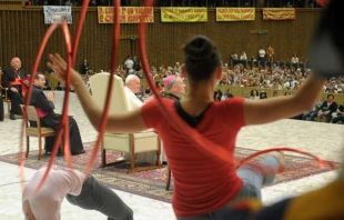 Participants in the Jubilee for Circuses perform for Pope Francis in the Pope Paul VI Hall on June 16, 2016.   Vatican Media.