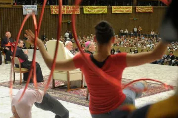 Participants in the Jubilee for Circuses perform for Pope Francis in the Pope Paul VI Hall on June 16 2016 Credit LOsservatore Romano CNA