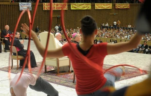 Participants in the Jubilee for Circuses perform for Pope Francis in the Pope Paul VI Hall on June 16, 2016.   L'Osservatore Romano.