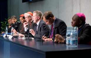 Participants in the Santa Marta Group conference speak at the Holy See Press Office Feb. 9, 2018.   Daniel Ibanez/CNA.