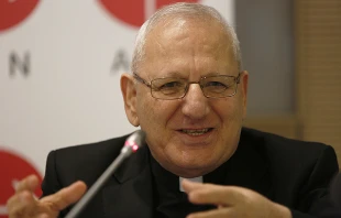 Louis Raphael I Sako, Chaldean Patriarch of Babylon, speaks at an Aid to the Church in Need press conference in Rome, Sept. 28, 2017.   Daniel Ibanez/CNA.