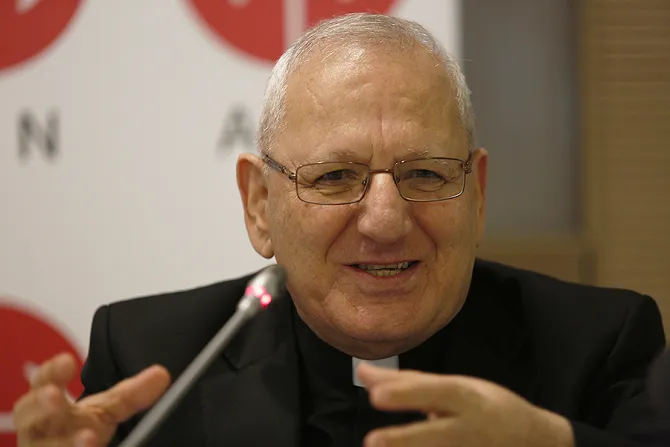 Patriarch Louis Rapha el I Sako at an Aid to the Church in Need press conference in Rome Italy on Sept 28 2017 Credit Daniel Ibanez CNA