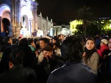 Ecuadorians gathered in the street before the Cathedral of Quito to see Pope Francis, July 6, 2015. 