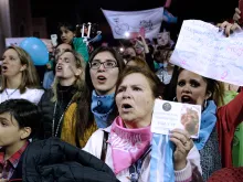 People demonstrate against the legalization of abortion in front of the Cathedral of Tucuman, in northern Argentina. 