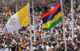 People wave flags during Mass with Pope Francis in Port Louis, Mauritius Sept. 9, 2019. Edward Pentin/CNA