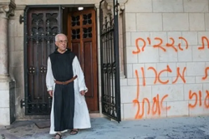 Perpetrators sprayed blasphemous graffiti on the walls of the Abbey of Latroun Credit Latin Patriarchate of Jerusalem CNA World Catholic News 9 5 12