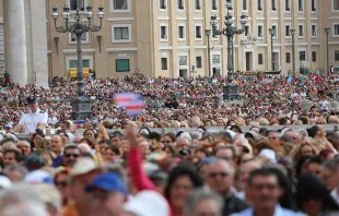 Pilgrims fill St. Peter's Square for Pope Francis' Wednesday general audience on Oct. 15, 2014.   Bohumil Petrik/CNA.