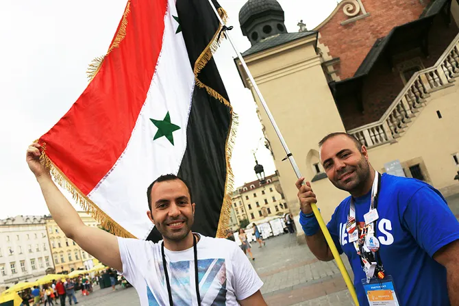 Pilgrims from Syria with their flag in Krakow Poland July 27 2016 Credit Kate Veik CNA