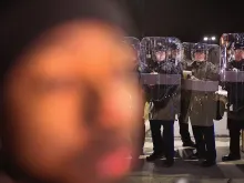Police and protesters await the grand jury announcement in the Michael Brown case Nov. 24, 2014 in Ferguson, MO. 