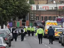 Police officers at the scene of the tube explosion at Parsons Green Underground Station in London, Sept. 15, 2017. 