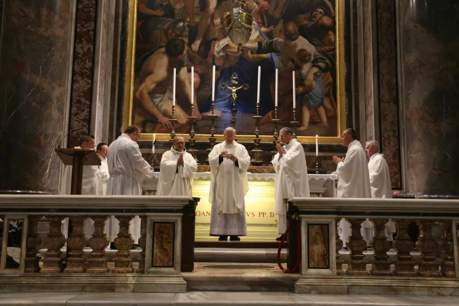 Archbishop Stanisław Gądecki celebrating Mass at the tomb of St. John Paul II in St. Peter’s Basilica on Oct. 4. ?w=200&h=150
