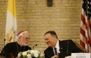 US Secretary Mike Pompeo and Vatican Secretary Archbishop Paul Gallagher at the Vatican symposium Oct. 2, 2019.   Hannah Brockhaus/CNA.