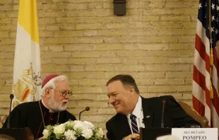 US Secretary Mike Pompeo and Vatican Secretary Archbishop Paul Gallagher at the Vatican symposium Oct. 2, 2019.   Hannah Brockhaus/CNA.
