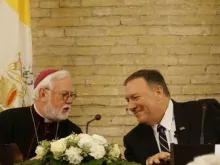 Archbishop Paul Gallagher and U.S. Secretary Mike Pompeo at a Vatican symposium Oct. 2, 2019. 