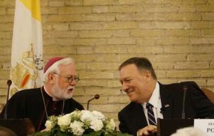 Archbishop Paul Gallagher and U.S. Secretary Mike Pompeo at a Vatican symposium Oct. 2, 2019.   Hannah Brockhaus/CNA