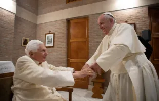 Pope Francis greets Pope emeritus Benedict XVI at the Vatican’s Mater Ecclesiae Monastery on Nov. 28, 2020. Credit: Vatican Media. 