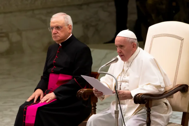 Pope Francis at the general audience in Paul VI Hall Aug. 21, 2019. Credit: Daniel IbÃ¡Ã±ez/CNA