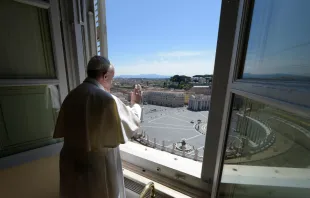 Pope Francis offers a blessing from the window of the Apostolic Palance April 26, 2020.   Vatican Media/CNA.