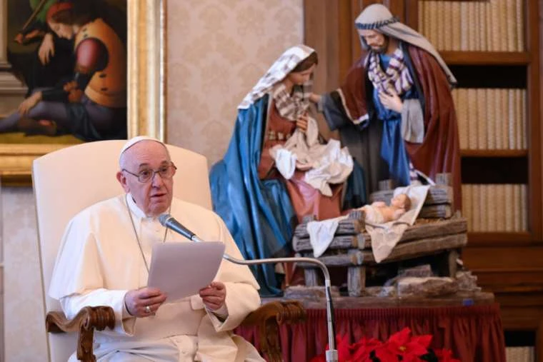 Pope Francis at his general audience address in the library of the Apostolic Palace Dec. 16, 2020. Credit: Vatican Media.?w=200&h=150