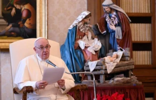 Pope Francis at his general audience address in the library of the Apostolic Palace Dec. 16, 2020. Credit: Vatican Media.