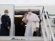 Pope Francis boards his flight to Baghdad, Iraq on March 5, 2021.