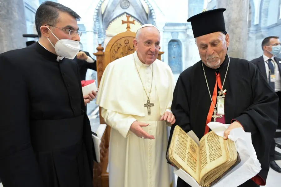 Pope Francis returns a historic prayer manuscript to Immaculate Conception Church in Bakhdida, Iraq, March 7, 2021.  Credit: Vatican Media.?w=200&h=150