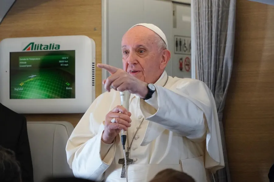 Pope Francis speaks during an in-flight press conference en route from Rome to Iraq March 8, 2021. Caption: Colm Flynn/CNA. ?w=200&h=150